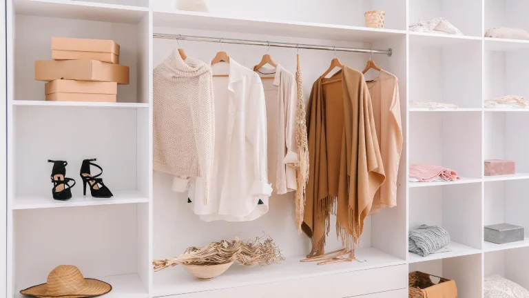 A neatly organized white open closet featuring a hanging rod with neutral-colored clothing, including a cream knit sweater, white button-down shirts, and camel fringed ponchos, alongside shelves displaying stacked beige boxes, black strappy high heels, a straw hat, and decorative dried plants on the bottom shelf.