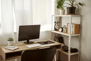 A modern home office with a wood desk, computer monitor, black chair, and a white shelving unit holding plants and books.