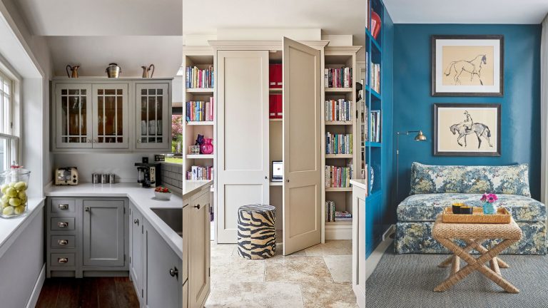 A three-panel collage showcasing different functional areas of a well-designed home. The left panel features a cozy, L-shaped gray kitchenette with a white countertop, a sink, a stainless steel toaster, a coffee maker, and a glass jar filled with green apples on the windowsill. Above the counter, glass-front gray cabinets display white dishware, with small metal canisters resting on top. The center panel shows a clever, built-in white closet or office nook with its door open, revealing a desk space, a computer monitor, and red binders. The nook is surrounded by floor-to-ceiling white bookshelves filled with colorful books, and a black-and-white zebra-print cylindrical stool sits on the light stone tile floor in front. The right panel displays a reading nook defined by a bold teal-blue wall. A blue-and-white floral patterned armless loveseat is styled with a brass floor lamp and two framed sketches of horses hanging vertically above it. A woven rattan stool holding a wooden tray with a small vase of pink flowers sits on a grey patterned rug in the foreground.