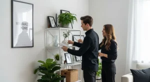 A man and a woman standing in a bright, minimalist living room, both dressed in matching black shirts and pants. They are positioned beside a white metal shelving unit with cross-bracing, working together to arrange decorative items on the shelves. The man is holding a small white object—possibly a framed photo or a card—while looking intently at the shelf; the woman stands slightly behind him, looking on with a smile. The white shelves display a potted green plant on the top tier, a decorative blue vase with small sprigs, a small framed picture, and a woven storage basket on the bottom. A large, vibrant green fiddle-leaf fig plant sits on the floor to the left of the shelving unit. On the white wall to the far left hangs a large, black-framed poster with the text 'MINIMALIST HOME' and a minimalist silhouette graphic. A white sofa with a dark throw pillow is partially visible on the right, and soft natural light filters in through sheer white curtains.