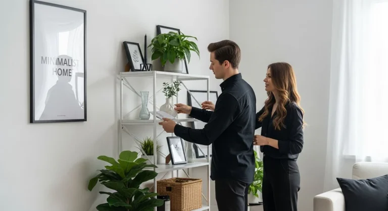 A man and a woman standing in a bright, minimalist living room, both dressed in matching black shirts and pants. They are positioned beside a white metal shelving unit with cross-bracing, working together to arrange decorative items on the shelves. The man is holding a small white object—possibly a framed photo or a card—while looking intently at the shelf; the woman stands slightly behind him, looking on with a smile. The white shelves display a potted green plant on the top tier, a decorative blue vase with small sprigs, a small framed picture, and a woven storage basket on the bottom. A large, vibrant green fiddle-leaf fig plant sits on the floor to the left of the shelving unit. On the white wall to the far left hangs a large, black-framed poster with the text 'MINIMALIST HOME' and a minimalist silhouette graphic. A white sofa with a dark throw pillow is partially visible on the right, and soft natural light filters in through sheer white curtains.