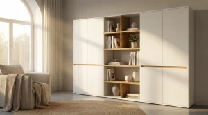 A bright, minimalist living space featuring a large, modular white storage unit with a light oak wood trim. The unit is divided into three sections: two large, closed wardrobes with flat, handleless doors on the left and right, and a central open shelving section with four tiers. The shelves display a curated collection of books, minimalist ceramic vases in white and beige, and a small potted green plant. To the left, a plush, cream-colored armchair is draped with a thick, textured beige knit throw blanket. In the foreground, a large, circular woven jute rug covers the polished concrete floor. Soft, warm sunlight streams in through a large arched window with sheer white curtains, casting gentle shadows across the room and creating a serene, cozy atmosphere.