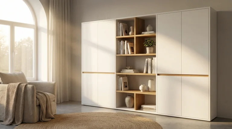A bright, minimalist living space featuring a large, modular white storage unit with a light oak wood trim. The unit is divided into three sections: two large, closed wardrobes with flat, handleless doors on the left and right, and a central open shelving section with four tiers. The shelves display a curated collection of books, minimalist ceramic vases in white and beige, and a small potted green plant. To the left, a plush, cream-colored armchair is draped with a thick, textured beige knit throw blanket. In the foreground, a large, circular woven jute rug covers the polished concrete floor. Soft, warm sunlight streams in through a large arched window with sheer white curtains, casting gentle shadows across the room and creating a serene, cozy atmosphere.
