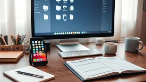 A neat, organized home office workspace on a warm wooden desk. In the center background, a large computer monitor with a silver stand displays a desktop screen filled with folder icons and a row of application shortcuts at the bottom. In front of the monitor sits a sleek, white wireless keyboard and a small white mouse. To the left of the keyboard, a smartphone with a colorful grid of app icons stands upright in a black docking stand. On the right side of the desk, an open planner or notebook lies flat, revealing pages with handwritten schedules and lined sections. In the lower-left foreground, a small white notepad holds a black pen, with a stack of brown notebooks and two wooden pen holders filled with various writing utensils situated behind it. Two white ceramic coffee mugs—one slightly larger than the other—are placed on the right, completing the cozy, productive atmosphere. Sheer white curtains softly diffuse natural light in the background.