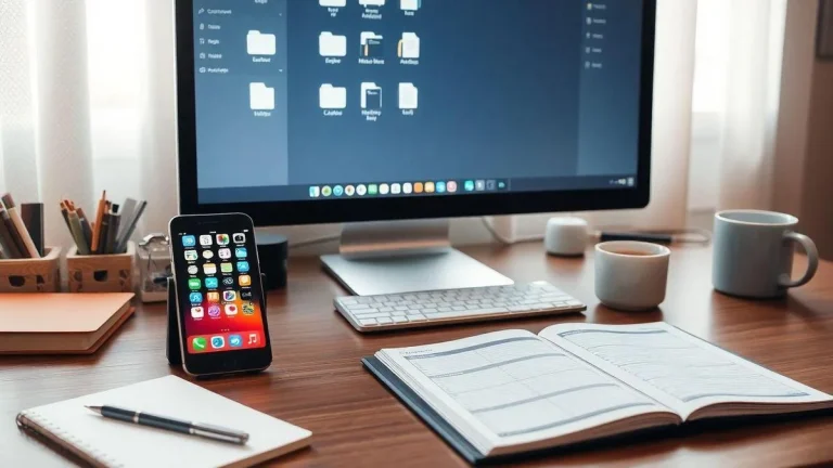 A neat, organized home office workspace on a warm wooden desk. In the center background, a large computer monitor with a silver stand displays a desktop screen filled with folder icons and a row of application shortcuts at the bottom. In front of the monitor sits a sleek, white wireless keyboard and a small white mouse. To the left of the keyboard, a smartphone with a colorful grid of app icons stands upright in a black docking stand. On the right side of the desk, an open planner or notebook lies flat, revealing pages with handwritten schedules and lined sections. In the lower-left foreground, a small white notepad holds a black pen, with a stack of brown notebooks and two wooden pen holders filled with various writing utensils situated behind it. Two white ceramic coffee mugs—one slightly larger than the other—are placed on the right, completing the cozy, productive atmosphere. Sheer white curtains softly diffuse natural light in the background.