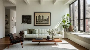 A bright, mid-century modern-inspired living room featuring high ceilings with exposed white beams and expansive black-framed windows that offer a city view and flood the space with strong, angular sunlight. A textured white tufted sofa sits against a white wall, styled with two olive-green throw pillows. Above it hangs a large, framed black-and-white architectural print, flanked by a smaller, dark abstract painting to the left. A sleek, low wooden coffee table holds a stack of books, a dark decorative sphere, and a glass vase with delicate branches. To the left, a black leather lounge chair with a wooden frame sits near a slim floor lamp and a small side table. On the right, a built-in window seat is lined with cushions, featuring a large potted fiddle-leaf fig plant and a rustic brown ceramic vase resting beside it. In the background on the left, an open hallway displays floating shelves and a gallery wall of framed artwork. A large, light-grey textured rug anchors the seating area over warm wood flooring.