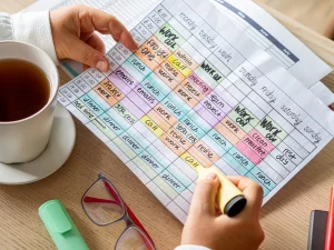 A close-up, top-down view of a person's hands organizing a weekly schedule on a printed grid planner resting on a light wood desk. The planner is divided into days of the week (Monday through Sunday) and hourly time slots starting at 6:00 AM. Various activities are handwritten and color-coded in different pastel blocks, including 'WORK OUT' in green, 'Project One' in orange, 'admin' in yellow, 'emails' and 'lunch' in lighter shades, 'team project' in purple, 'work' in pink, and 'clean master' in red. The bottom section of the planner lists repeating daily activities like 'dinner' and 'yoga class'. The person's left hand holds the top edge of the paper, while their right hand uses a yellow highlighter to color in a time block. On the left side of the desk sits a white ceramic mug filled with dark tea or coffee on a matching saucer. In the foreground, a pair of reading glasses with dark red arms, a light green marker, and the corner of a red pen are visible.