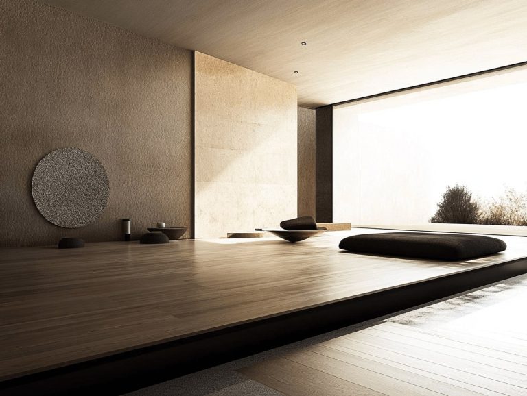 A serene, minimalist meditation or zen room featuring a seamless light wood platform floor that extends into a large, floor-to-ceiling glass window, offering a view of a soft, luminous outdoor landscape with dry, silhouette-like bushes. The walls are finished in warm, textured beige and earthy sandstone tones, creating a calming, natural atmosphere. A large, textured circular wall art piece in grey hangs on the left. In the background, a low, dark grey rectangular cushion sits flat on the wooden floor, while a decorative black bowl resting on a shallow, raised wooden stand holds a small dark cushion in the corner. Additional small, minimalist dark and light vessels are placed on the floor near the textured wall, contributing to the room's tranquil, uncluttered aesthetic. Soft, diffused natural light filters through the window.